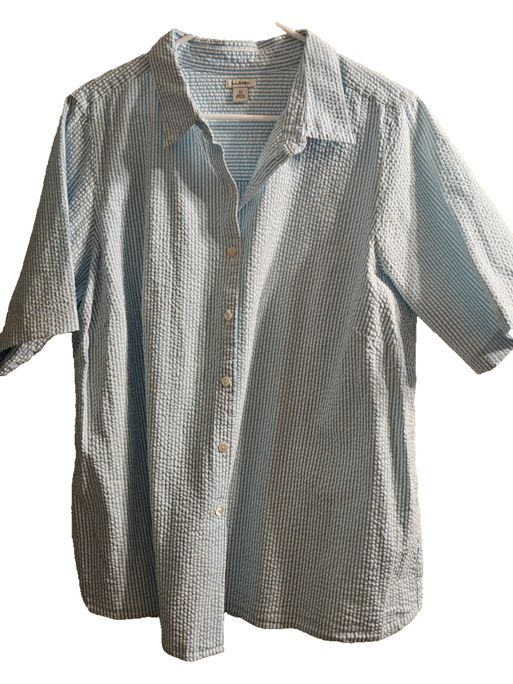 NWOT LL Bean Size 1X Woman's Seersucker Turquoise and White Button up Blouse